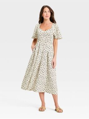 Flutter Sleeve Belted Midi Dress - A New Day, Cream/Black Floral Sz 12, NWOT